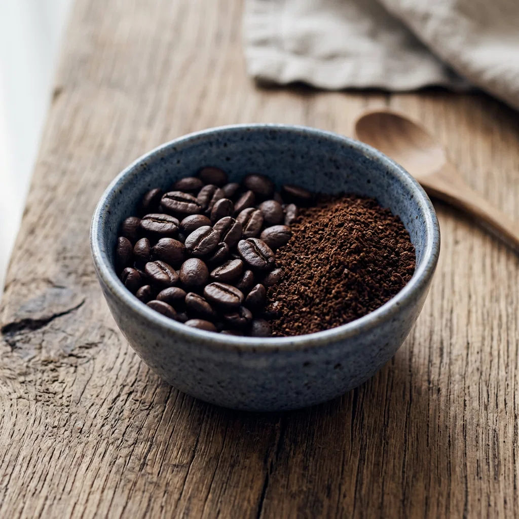 Geröstete Kaffeebohnen und Kaffeepulver in einer Schale